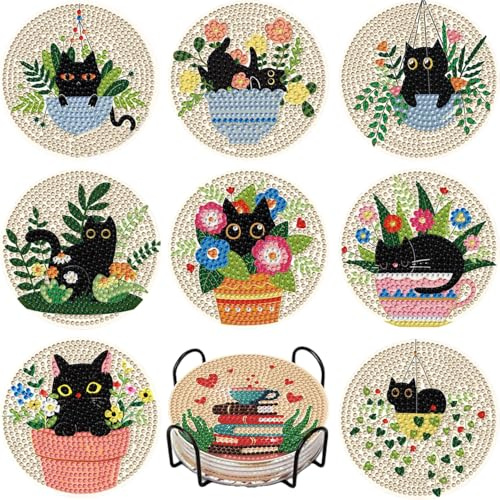 WEMEON 8 posavasos de pintura de diamantes, diseño de gato DIY para pintura de diamantes, posavasos con soporte, creativo mosaico para adultos, regalo personalizado antiestrés