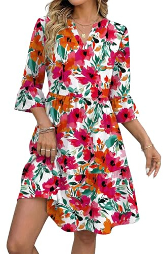 Zeagoo Damklänning, sommar, V-ringade klänningar, volang, 3/4 ärmar, fritidsklänning, knälång, A-linje, strandklänning, graderade klänningar med fickor, S–2XL, L