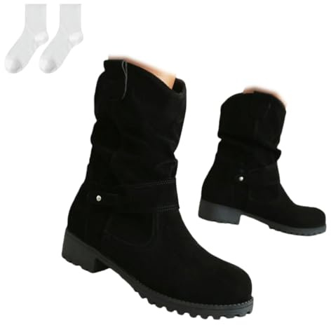 Stivali Invernali Slouchy Donna A Metà Polpaccio Punta Tonda, Stivali Bassi Comodi Con Dettaglio Fibbia E Suola Antiscivolo Scarpe Autunno Inverno Per Uso Quotidiano,Nero,40 EU