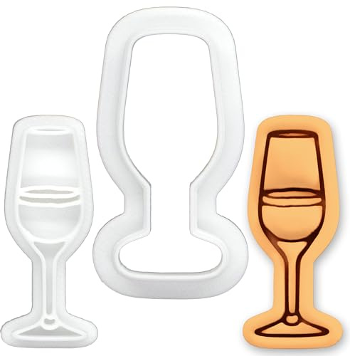 BAKERLOGY Champagne Glass Mini Cookie Cutter and Stamp Set – Fondant Embosser, Cupcake Topper, Flute Design for Bridal Shower, Engagement, New Year, Birthday Celebration Baking Tool