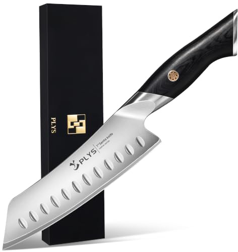 Plys Santokumesser Japanisch 17.5cm, 10Cr15MoV-Stahl, Pakkaholz-Griff | Profi Kochmesser Allzweckmesser, Scharfes Küchenmesser, Geeignet als Geschenk für Familie und Freunde