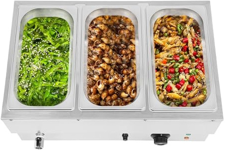Scaldavivande elettrico, 3 contenitori professionali per bagno d'acqua, con rubinetto di scarico, 30-110 °C, scaldavivande per buffet, gastronomia, catering e feste