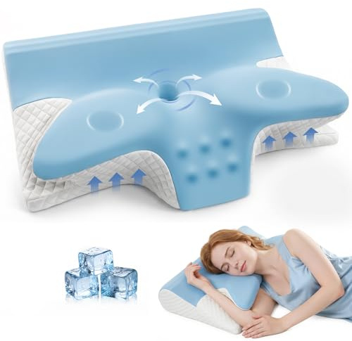 Honfay Oreiller Cervical Ergonomique, 2 en 1 Oreiller à Mémoire de Forme Papillon avec Accoudoirs, Coussin Orthopédique Anti-Ronflement pour Dormeur Côté, Dos, Ventre, 60x42x14/12cm (Bleu)