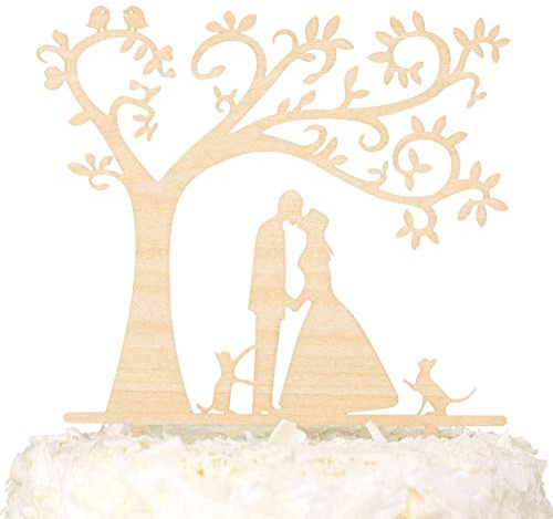 LOVENJOY Hochzeitstorte Topper Rustikal Holz Braut und Bräutigam mit Zwei Katzen Tortendeko Hochzeit Deko, Geschenkbox