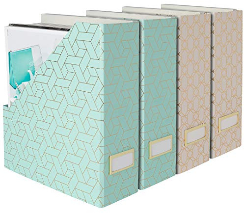 Blu Monaco Foldable Magazine File Holder with Gold Label Holder - Set of 4 Cardboard Magazine File Boxes - Pink and Aqua Desk Accessories
