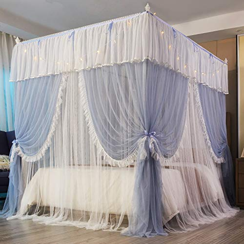 Mengersi Betthimmel mit 4 Ecken, Betthimmel, Bettvorhang Lichtern, Öffnungen, Moskitonetz, Bettvorhänge, Prinzessin, Schlafzimmer, Dekoration, Zubehör für Mädchen und Erwachsene (Queensize, Grau Weiß)