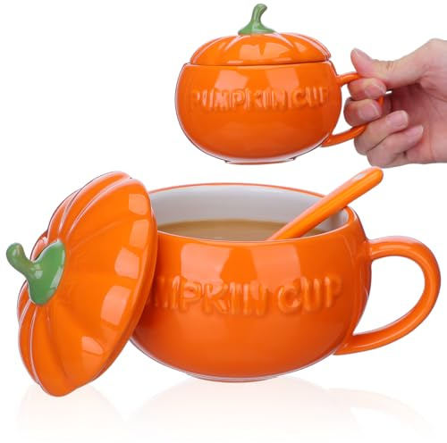 Toyvian Cuencos de cerámica de porcelana con tapa y cuchara, taza de pudín en forma de calabaza, taza de café de cerámica, platos para servir alimentos para el hogar Halloween