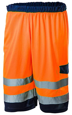 NEO TOOLS Herren Warnschutzhose, kurz, Mesh-Stoff aus 100% Polyester 185 g/m2, atmungsaktiv, Multifunktionstaschen, Größe: L, orange