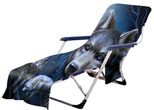 Highdi Schonbezug Liegestuhlauflage, Schonbezug für Gartenliege, 3D Strandliegenauflage mit Taschen, Mikrofaser Handtücher für Strandliegen Liegestuhl (75x210cm,Wolf)