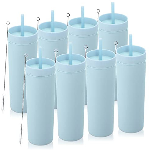 Volhoply 600ml Bicchieri in Plastica Confezione da 8,Bicchiere a Doppia Parete con Coperchio e Cannuccia,Riutilizzabili Tumbler,Bicchieri D'acqua in Acrilico Senza BPA per Feste,Regali(Blu,8 Set)
