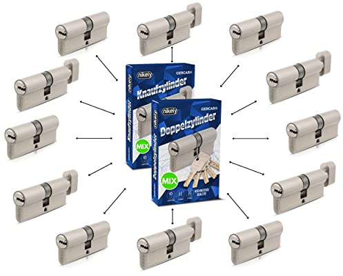 GERCAR Pro Schließzylinder MIX 12er gleichschließend nach Wunsch kombinierbar aus 12 Profilzylinder oder Knaufzylinder 60/70 / 80/90 mm inkl. 60 Schlüssel - One Key System frei konfigurieren