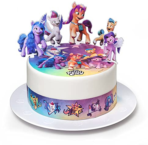 Kardasis My Little Pony Tortenaufleger Essbar 20 cm Kuchen Deko Cake Topper | Essbarer My Little Pony Tortenaufleger 20cm mit 3 Bändern 28x5cm und 4 Papierfiguren für einfache Geburtstagstorten Deko