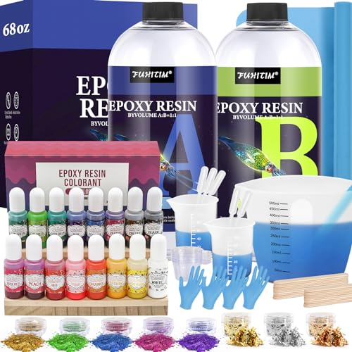 FUHITIM Kristallklares Epoxidharz-Set, hochglänzend und blasenfrei, Kunst- und Gießharz mit 16 Epoxidharz-Pigmenten, Folienflocken, Pailletten, klares Harz für Kunsthandwerk, Schmuck, Formen