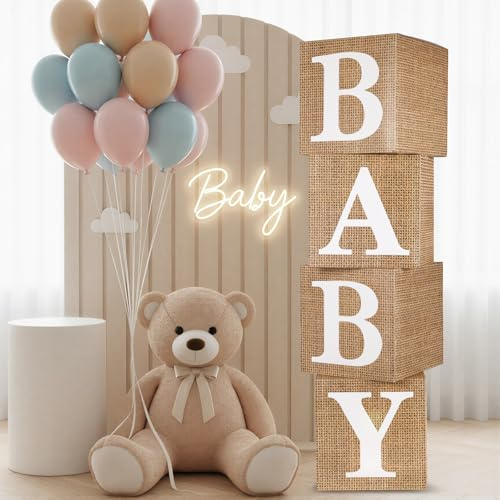 RUBFAC Burlap Print Baby Boxes with Letters for Baby Shower, 4pcs Rustic Farmhouse Style Boho Balloon Boxes with Burlap Grain for Birthday Gender Reveal Decoration Backdrop Photo Props