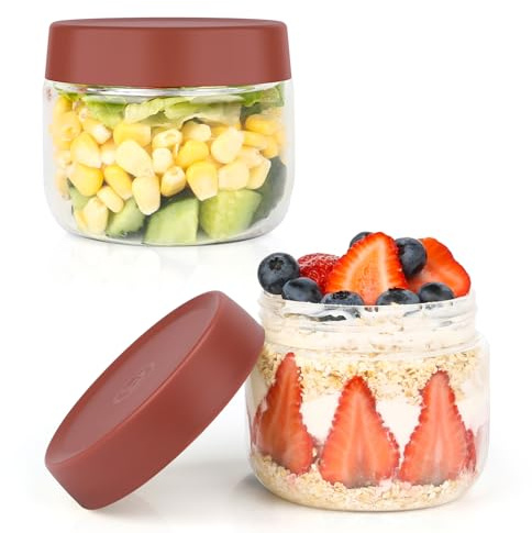 Musiwanna Rund Glasbehälter mit Deckel, 2er Set 300ml, Borosilikatglas Vorratsgläser Stapelbar, Klein Overnight Oats Gläser, Gläser für Müsli, Porridge, Jogurt, Chia Pudding, Gewürze, Marmelade (Rot)