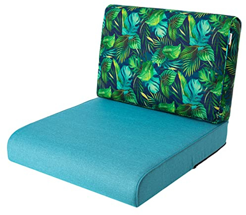 HOBBYGARDEN, Cojín de ratán, cojín para palés, exterior/interior, muebles de jardín, columpio de hollywood, cojín de asiento, azul + hojas azules, tamaño 2: 60 x 60 cm