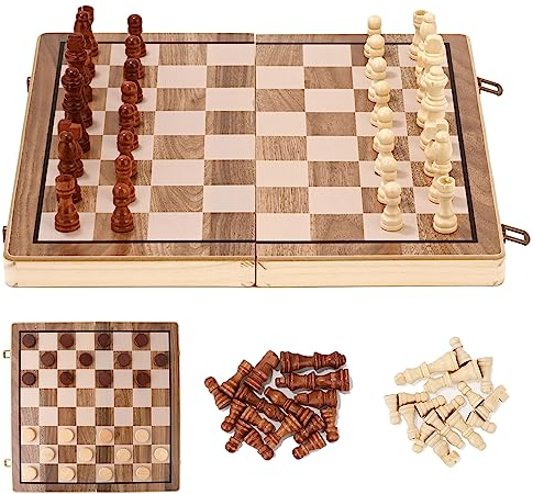 DearCal Chess Sets - Magnetic Travel Folding Wooden Chess Board Set, Portable Game International Chess & Checkers Game Set 2-in-1 for Kids Adult (39 * 39cm) (Wood color)