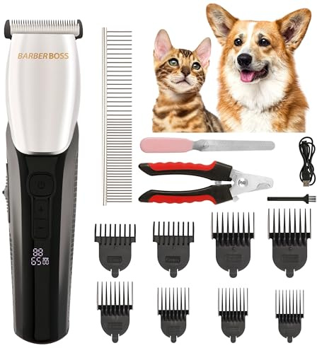 BarberBoss Hundefriseur mit 8 Kammaufsätzen, schlankes Design mit 4 Geschwindigkeitsstufen, 100% wasserdicht, R-förmiger Keramikkopf, LED-Display, schnurloser Schermaschine für Hunde & Katzen, QR-9083