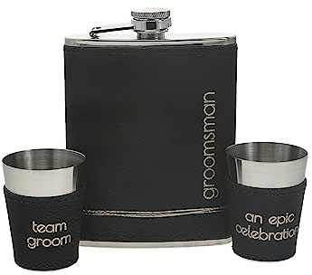 Pavilion Gift Company - Groomsman - 8-ounce Flask & 2-ounce Shot Glass Set, Engraved Groomsmen Flask, Groomsmen Gift For Wedding Favor, Stainless Steel Hip Flask For Liquor With Shot Glasses