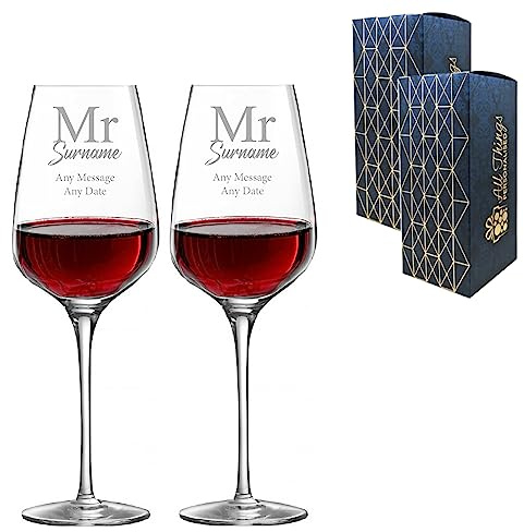 Personalised Engraved Set of Mr and Mr Wine Glass Set, Gay Wedding, Gift Boxed, Anniversary or Wedding Gift, Two 15.8oz/450ml Sublym Wine, Classic Font Design, Engraved in The UK