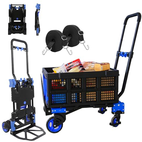 Faltbare Sackkarre und Rollwagen mit klappbarem Korb, 2-in-1 Heavy Duty Cabrio Sackkarre mit 4 Gummirädern & 2 Bunqee Kordeln 150 kg Tragkraft