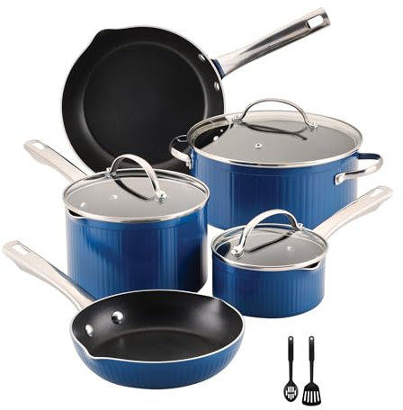 Farberware Style Nonstick Cookware Pots and Pans Set with Cooking Utensils, Dishwasher Safe, 10 Piece - Blue