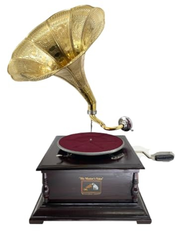Grammofono con tromba in ottone HIS MASTER'S VOICE riproduzione quadrato in legno