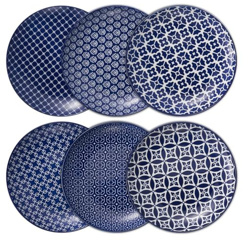 DOWAN Piatti da insalata in porcellana, 21 cm, stile vintage, blu, set da 6, per torte, antipasti, snack, adatti al microonde e alla lavastoviglie, idea regalo