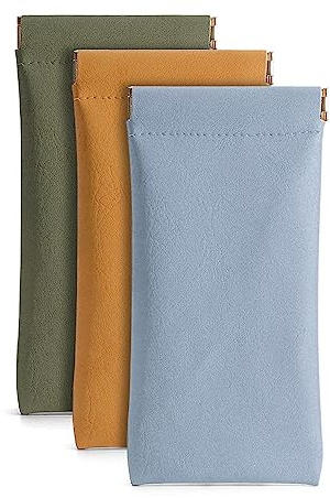 Ldirect 3 Pack Leather Eyeglasses Cases PU Soft Sunglasses Pouch Squeeze Top Portable Glasses Cases for Men and Women