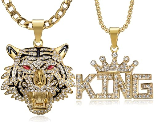 Tiger King With Red Eyes Pendants Stainless Steel Layered Necklace, 2pcs 24'' 20'' 7mm 3mm Chain Punk Rock Couples Jewelry Gift for Men and Women