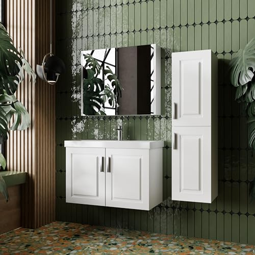 KAREN banyo Badmöbel Set Arin 80 Weiß | Keramikwaschbecken | Unterschrank | Spiegelschrank | Softclose-Türen & Chromgriffe | Landhausstil | Badezimmer Möbelset Waschbeckenunterschrank Waschtisch