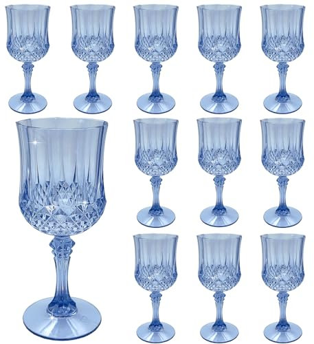 LEYIQU Copas de vino de plástico, copas de plástico de estilo vintage, copas irrompibles, vasos reutilizables para recepción de boda, suministros de fiesta de gran evento (12, azul)