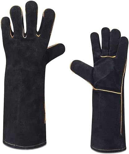 Leather Heat Resistant BBQ & Welding Gloves - Fireproof Gauntlets for Log Burner, Stove, Oven, Grill & Mig