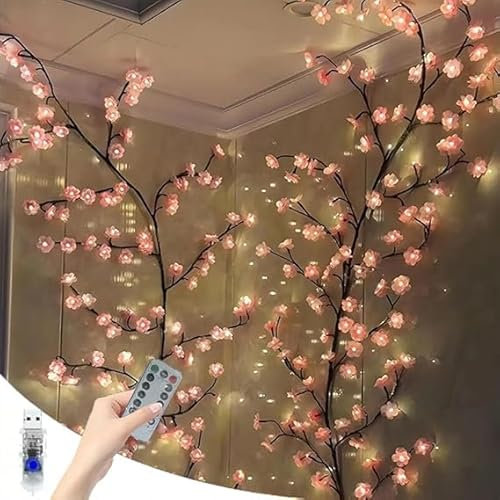 RuiDay Cherry Blossom Lights, Willow Vine Lights with Remote Control, Flexible Flower String Fairy Lights for Wall Decor Bedroom Room Home Christmas Decorations