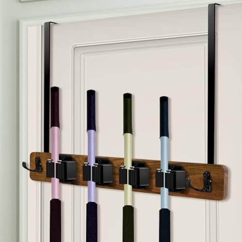 KTCINA Over The Door Broom Mop Holder with 4 Racks and 2 Hooks, Mop and Broom Organizer Door Mount Metal Broom Holder Utility Broom Gripper Tool Rack Organizer for Laundry