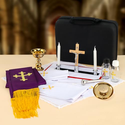 Catholic Travel Mass Kit-Chalice,PYX,Paten,Crucifix,Candles with Holder,Clergy Stole,Linens,Holy Water Sprinkler and Bottles with Case
