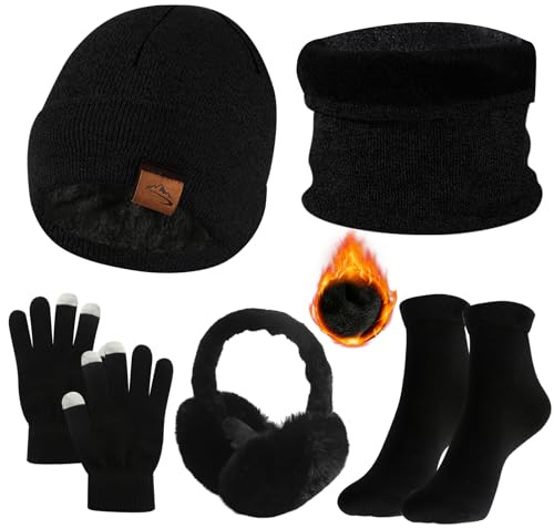 DELAESI Mütze Schal Set Damen Winter Mütze Schal Handschuhe Set Damen Schlauchschal Touchscreen Handschuhe Beanie Strickmütze Dicke Socken Plüsch Ohrenschützer Kombi 5 Stücke