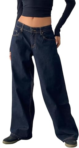 SANSIWU Women Straight Wide Leg Jeans Low Waist Baggy Straight Leg Boyfriend Jeans Y2K Relaxed Fit Pants Streetwear (A-Dark Blue1, XL)