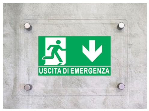 Global Targa Cartello in plexiglass - USCITA DI EMERGENZA VERSO IL BASSO - Con Distanziali in acciaio inox, Stampa UV (15x21 cm)