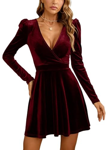 xxxiticat Damen Sexy V-Ausschnitt Samt Mini Kleid Langarm Hohe Taille A-Linie Flowy Cocktail Party Kleider(WR,M)