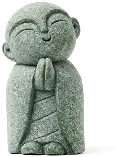 ZKSYLSM Jizo Statue, Little Monk Buddha Figurines for Zen Garden and Aquarium, Natural Sandstone Sculpture with Tilt Smile, Meditation Decor for Home Office Desk, Grey (Jizo Monk)