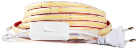 PLAYLUZ Tira LED COB de 220v ALTA LUMINOSIDAD, Adhesiva y INTERRUPTOR. IMPERMEABLE Blanco Frío/Neutro/Cálido Waterproof IP67 strip (Blanco Calido, 1M)