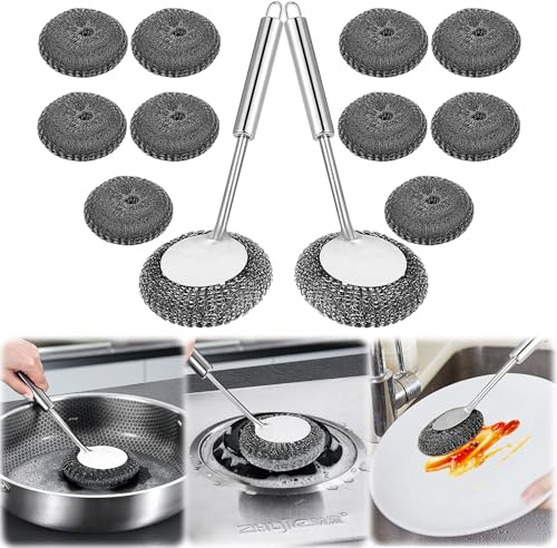 12 st ståltrådsskrubber med handtagssats: rostfritt stål trådskrubber, diskborste med handtag, metalldiskskrubber för rengöring av skålar, krukor, pannor, diskbänkar