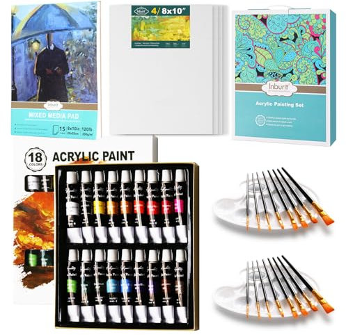 Inburit Acrylfarben Set, Art Supplies für Erwachsene Kinder, 41-teilige Malset mit 18 Tuben Acrylfarben, 4 Leinwand, 1 Acrylbuch