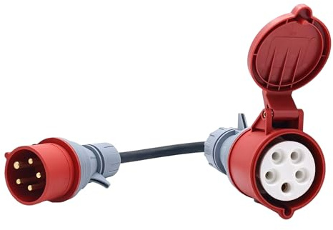 CEE Adapter 3-phasig 400 V | 16A (11 kW) Stecker auf 32A (22 kW) Kupplung, IP44 | mit 0,5 m H07RN-F 5G2,5 mm² Gummikabel zur Verbindung