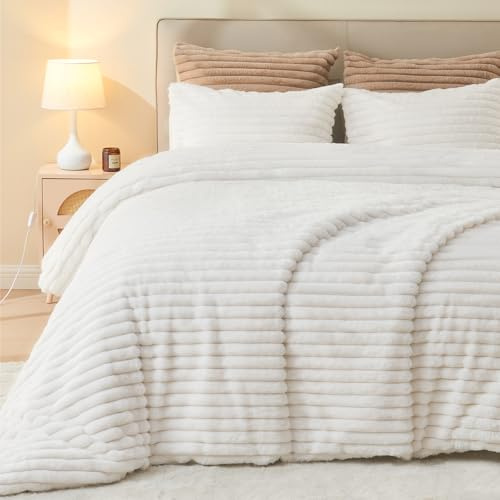 EMME Ropa de cama de felpa a rayas de 220 x 240 cm, ropa de cama de invierno de imitación de piel de conejo con diseño de rayas refinado, funda nórdica suave y lujosa con cremallera y 2 fundas de