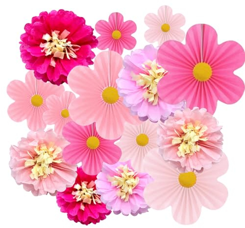 15er Set Papierblumen Pompons und Papier Blumenfächer Rosa Geburtstagsdeko Hochzeit Deko Gartenparty Tischdeko zum Aufhaengen