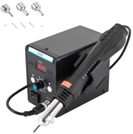 Lödstation för varmluft 700 W, varmluftsuppsättning med 3 luftmunstycken, justerbar temperatur och luftmängd, 100 ~ 500 °C, max. Luftmängd 120 l/min (1–8 växlar), LCD-skärm, svart