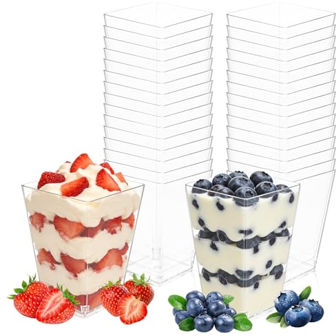 TETEWEVER 50 Stück Dessertgläser Plastik 160ml/5oz Dessert Gläser | Dessertbecher Desert Becher Wiederverwendbar Dessert Becher Quadratischer Dessertgläser für DIY Desserts Mousse Eiscreme