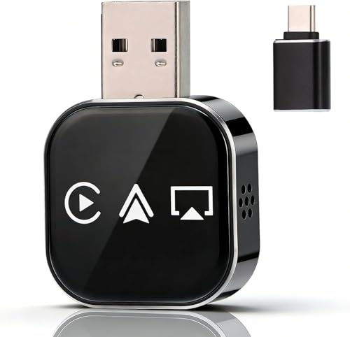 Shrandi Adattatore CarPlay wireless 4 in 1 aggiornato 2026, converte CarPlay cablato e Android Auto in wireless, Plug & Play, mirroring/AirPlay, USB/USB C, compatibile con iOS 18+ e Android